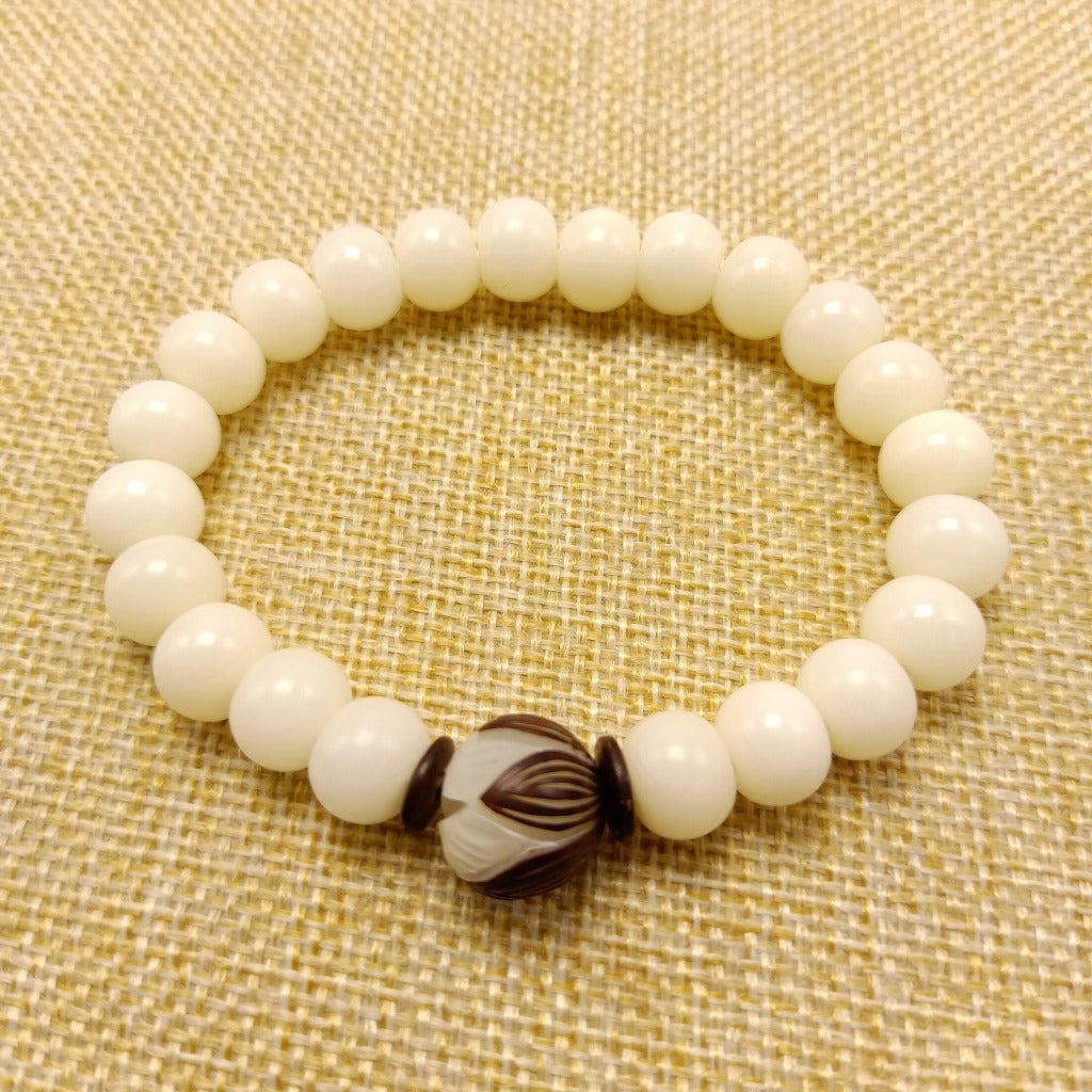 108 White Jade Bodhi Root Bracelets With Lotus Beads