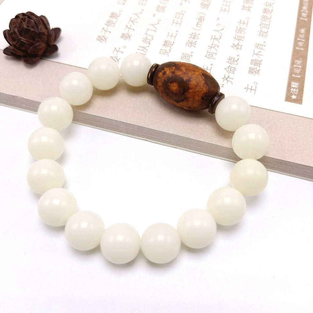 108 White Jade Bodhi Root Bracelets With Lotus Beads