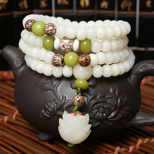 108 White Jade Bodhi Root Bracelets With Lotus Beads