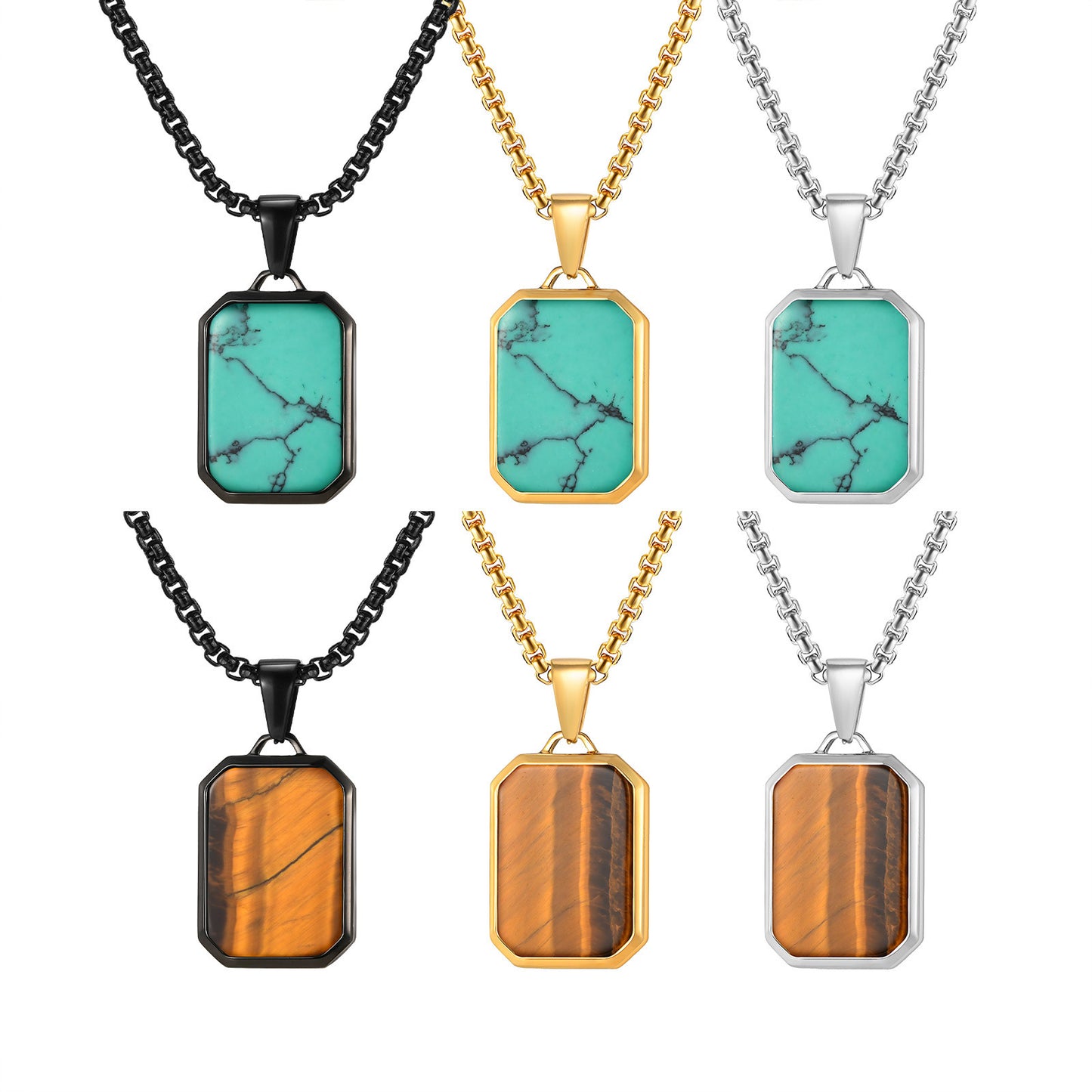 Stainless Steel Geometry Rectangle Green Pine Pendant Necklace