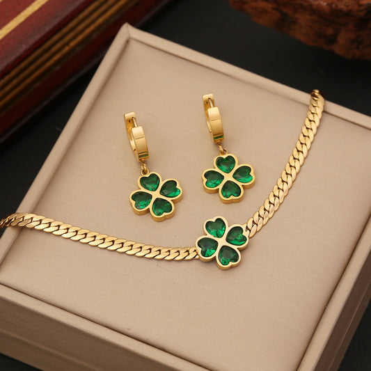 Emerald Clover Luxury Necklace, Bracelet & Earring Set Gold Plated