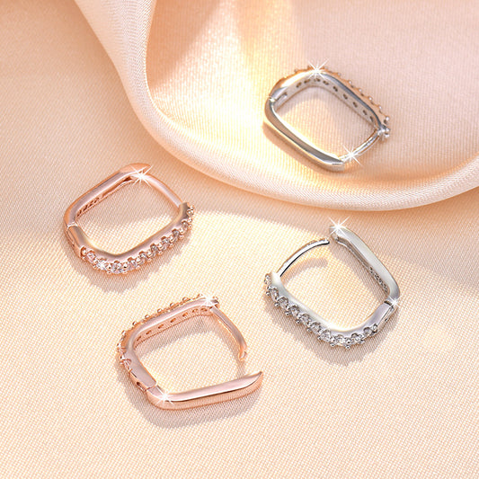 S925 Rose Gold Rectangle Earrings - Crystal Pave Minimalist Hoops