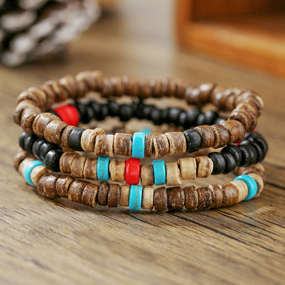 Retro Men's Coconut Wood Stackable Bracelet Set