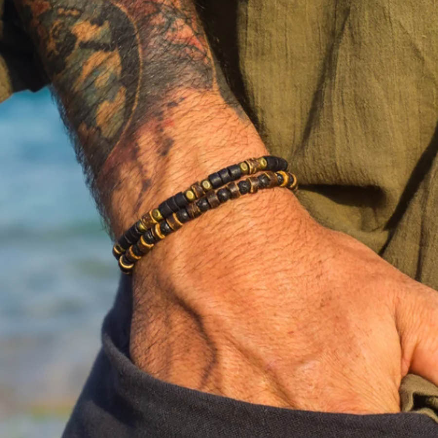 Retro Men's Coconut Wood Stackable Bracelet Set
