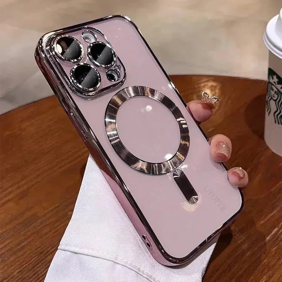 Magnetic Charging Electroplated Transparent With Lens Protector Protective Case, For iPhone 16 15 14 13 12 11 Pro Max Plus