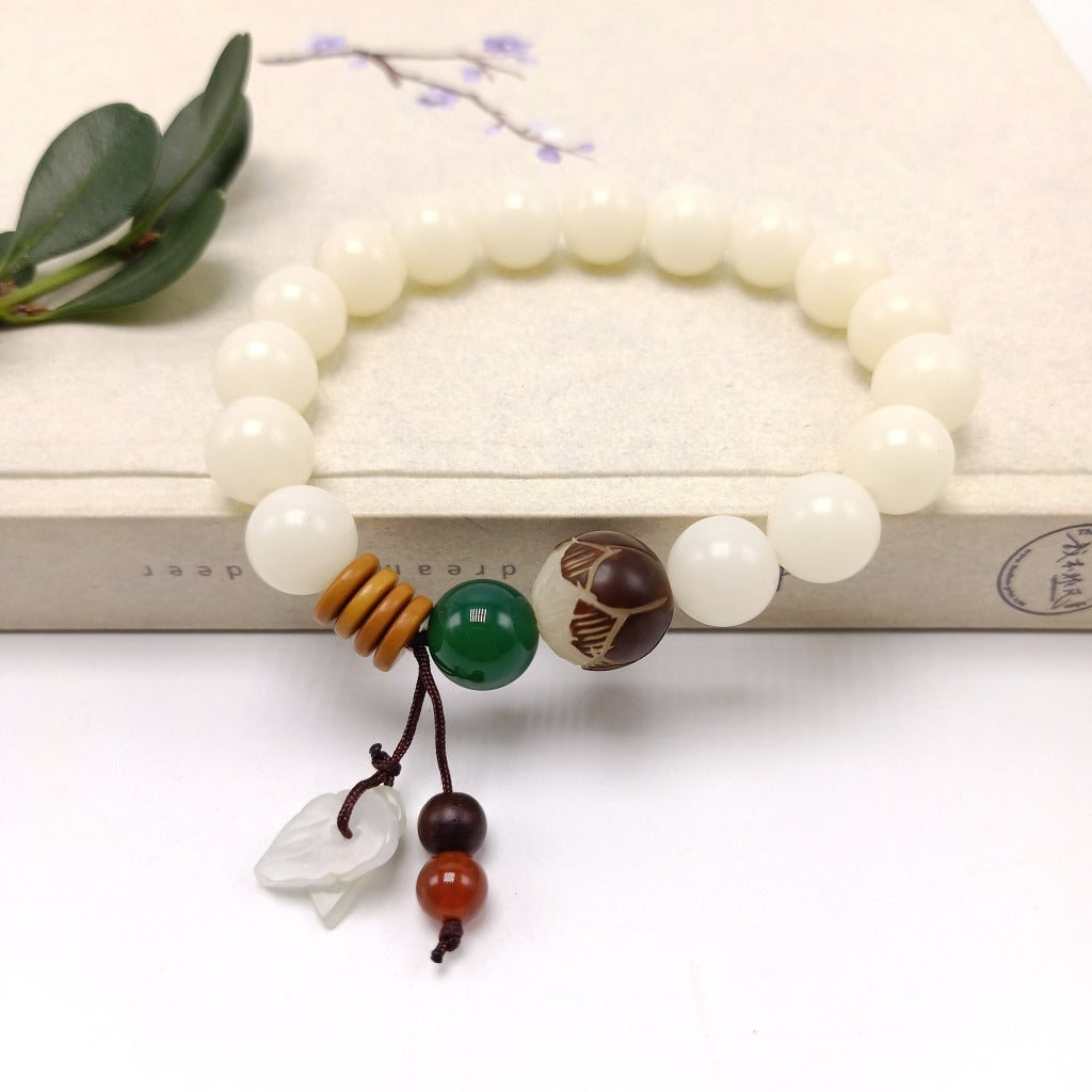 108 White Jade Bodhi Root Bracelets With Lotus Beads