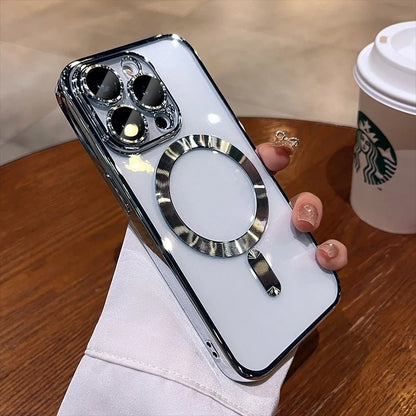 Magnetic Charging Electroplated Transparent With Lens Protector Protective Case, For iPhone 16 15 14 13 12 11 Pro Max Plus