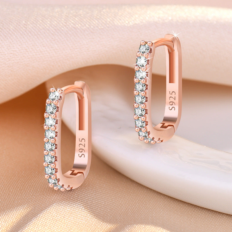 S925 Rose Gold Rectangle Earrings - Crystal Pave Minimalist Hoops