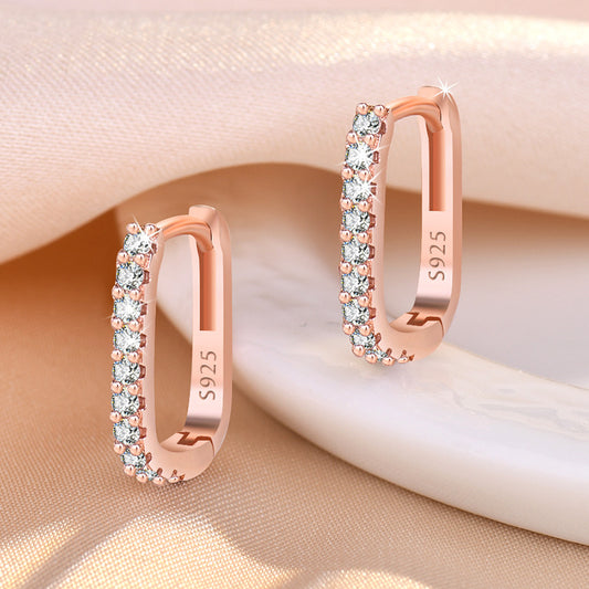 S925 Rose Gold Rectangle Earrings - Crystal Pave Minimalist Hoops
