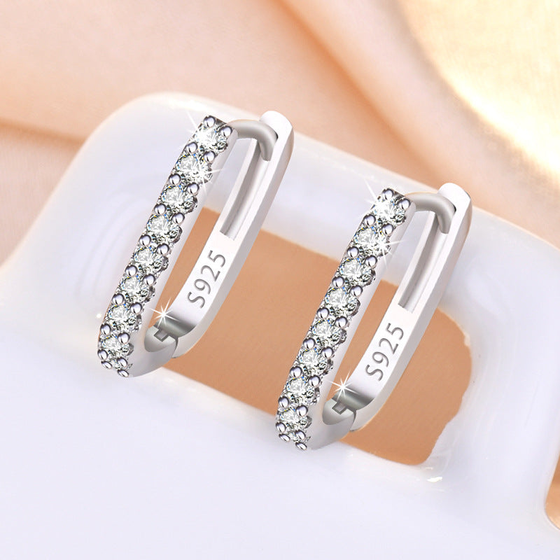 S925 Rose Gold Rectangle Earrings - Crystal Pave Minimalist Hoops