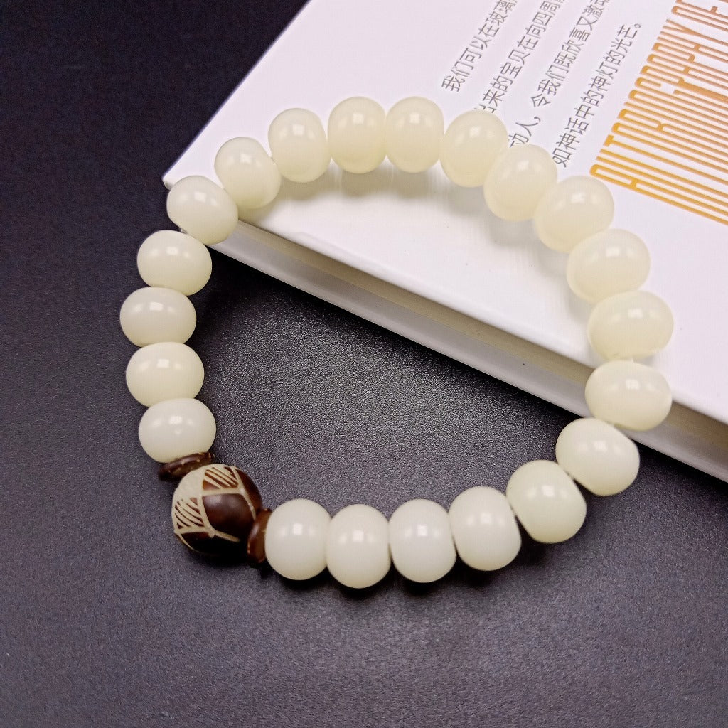 108 White Jade Bodhi Root Bracelets With Lotus Beads
