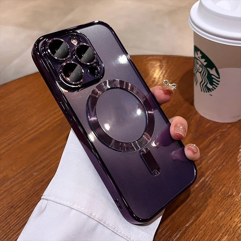 Magnetic Charging Electroplated Transparent With Lens Protector Protective Case, For iPhone 16 15 14 13 12 11 Pro Max Plus