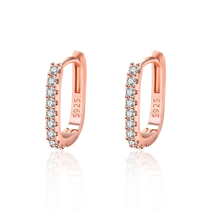 S925 Rose Gold Rectangle Earrings - Crystal Pave Minimalist Hoops