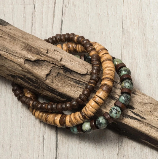 Retro Men's Coconut Wood Stackable Bracelet Set