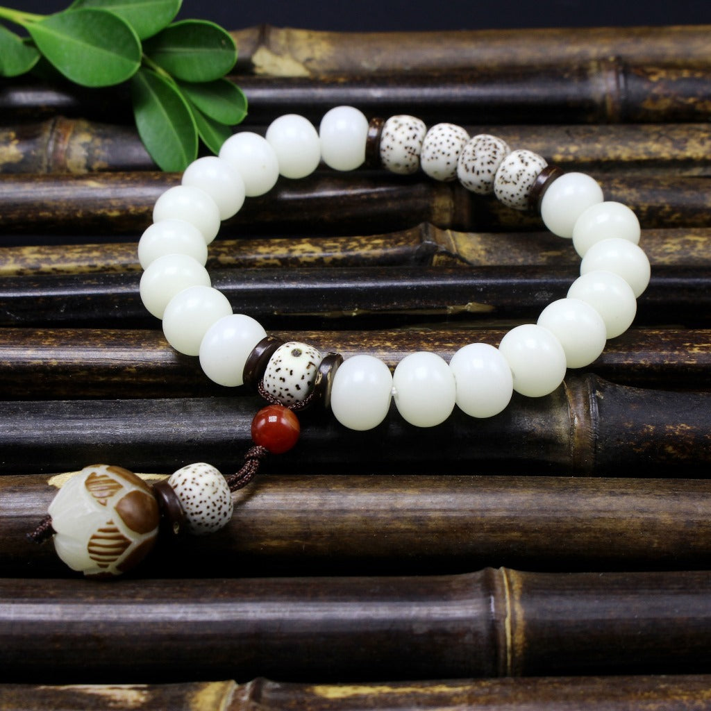 108 White Jade Bodhi Root Bracelets With Lotus Beads
